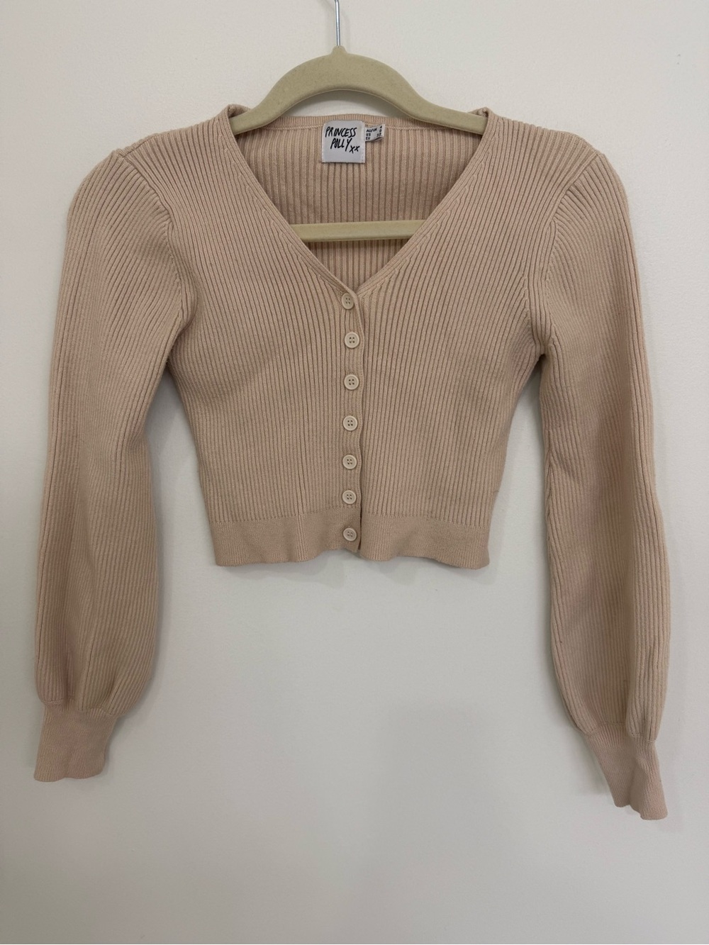 Princess Polly Beige Ribbed Button-Front Crop Cardigan Women’s 0
